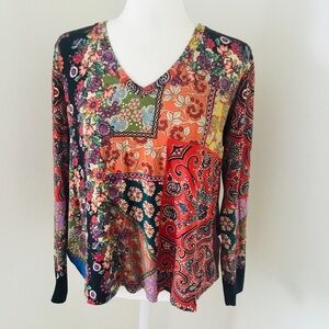 Johnny Was Moa Favorite Paisley Floral Patchwork Long Sleeve V Neck Top Size S